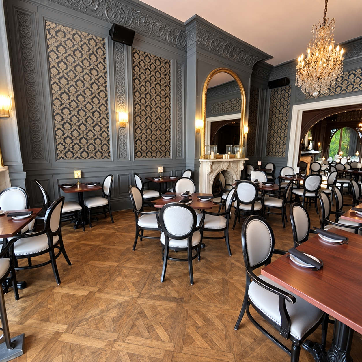 The Manor’s Front Dining Room with ornate gray walls, a gold-framed mirror, crystal chandelier, dining tables, and parquet flooring