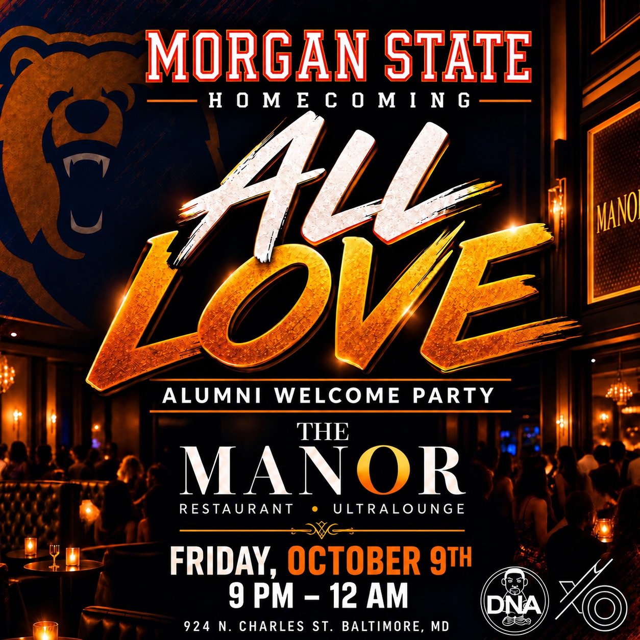 Morgan State Homecoming All Love Alumni Welcome Party at The Manor, Friday, October 9, 2026, 9 PM–12 AM