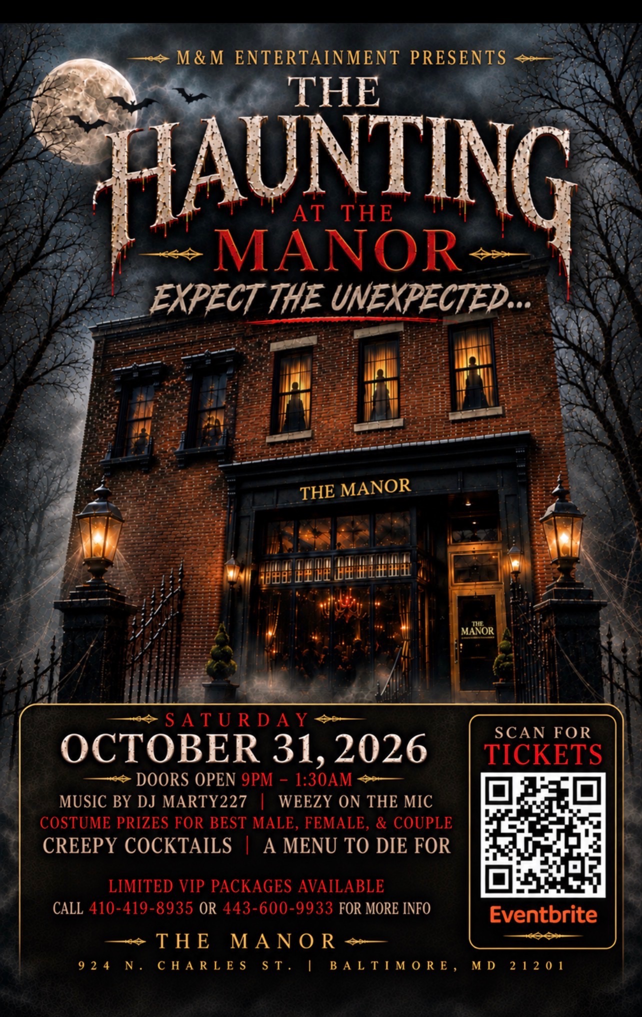 The Haunting at The Manor Halloween party flyer for Saturday, October 31, 2026