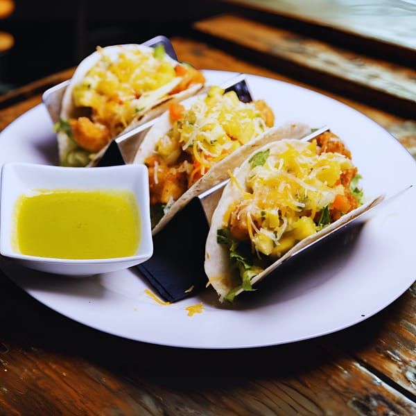 Three New American tacos with shrimp, pineapple salsa, and cheese, served with a side of green sauce.